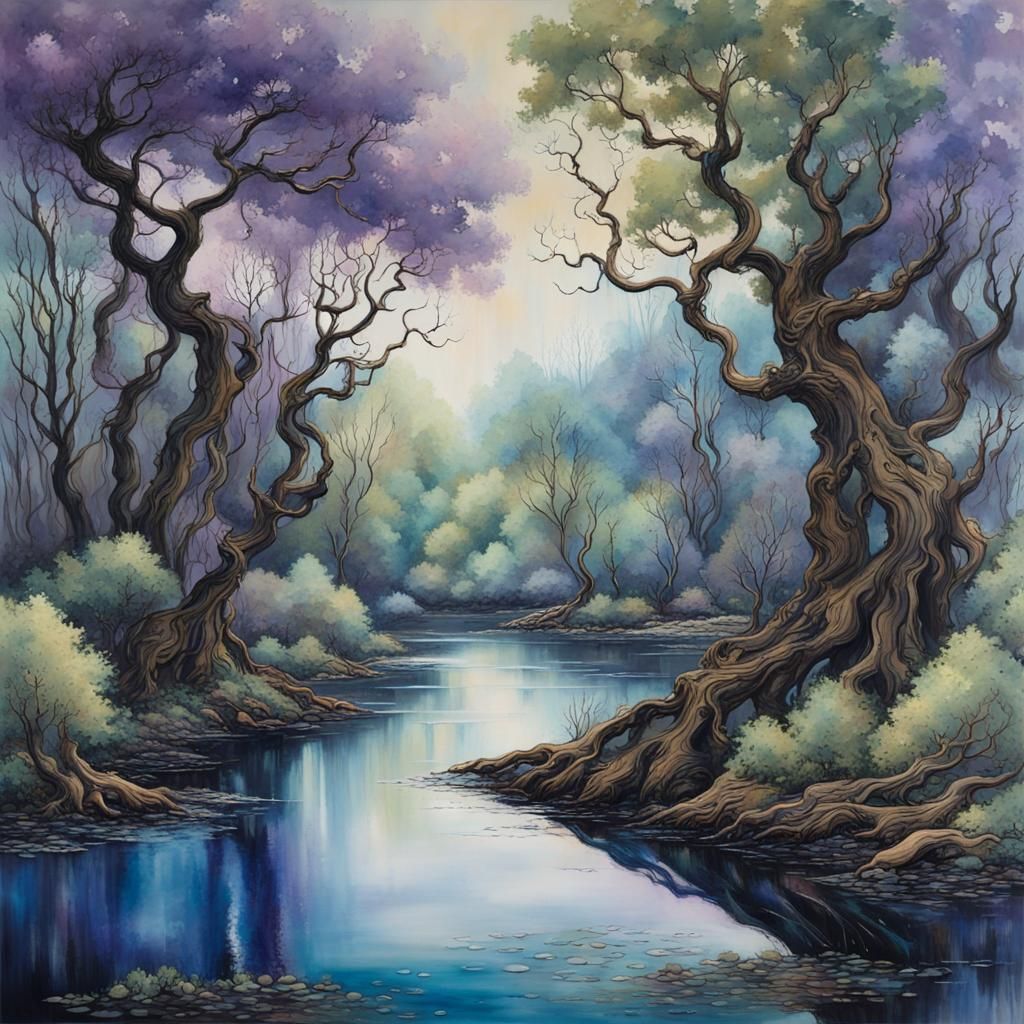 Cranes in Verdant Forest with Chinese Temple