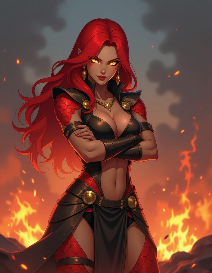 Anime-Inspired Fire Woman on Burning Battlefield