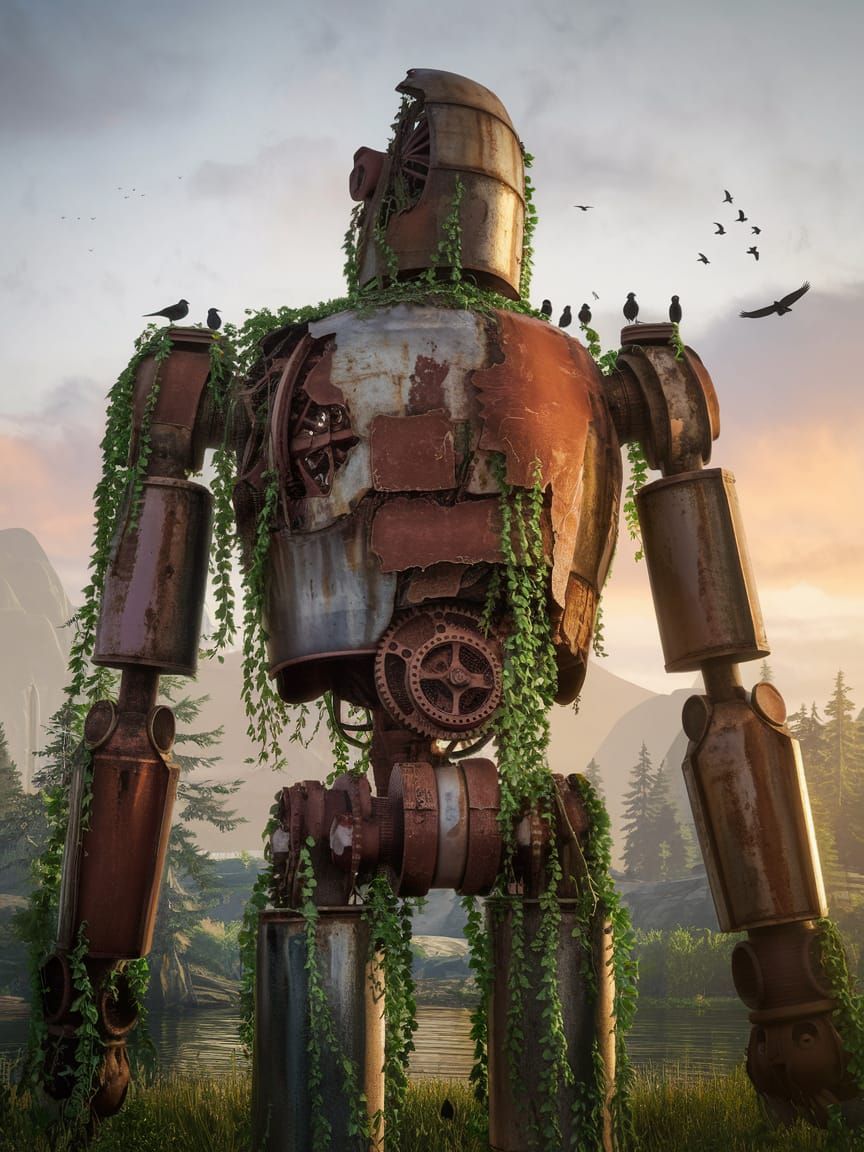 The Iron Giant in Ruin, Shrouded in Vines and Golden Light