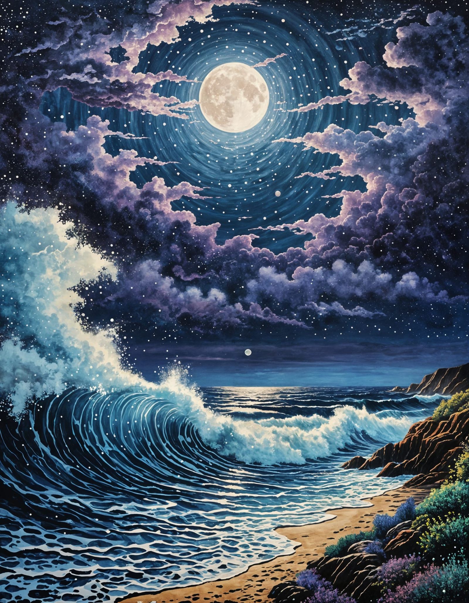 Pointillist Moonrise Over Rough Sea Landscape