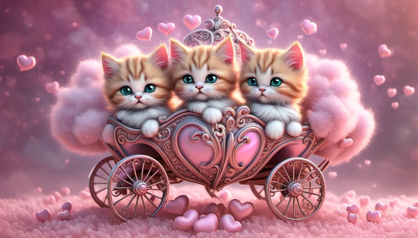 silver shiny heart carriage of fluffy ginger chibi kittens,p...