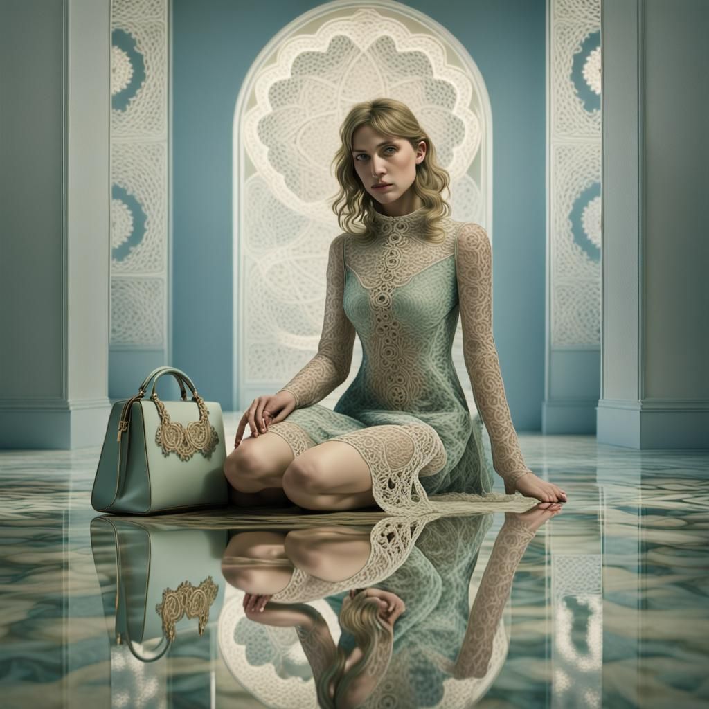 Surreal Woman with Fractals in Reflective Space
