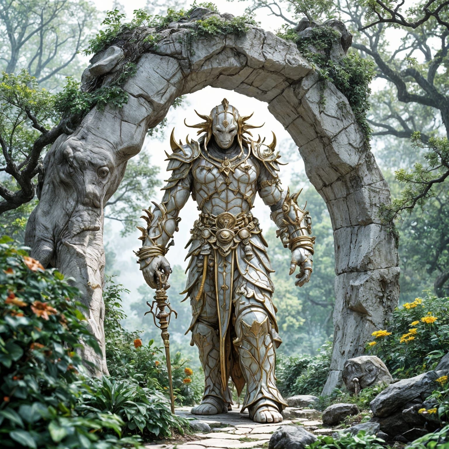 Mystical Kintsugi Golem Watches Over a Sacred Arch