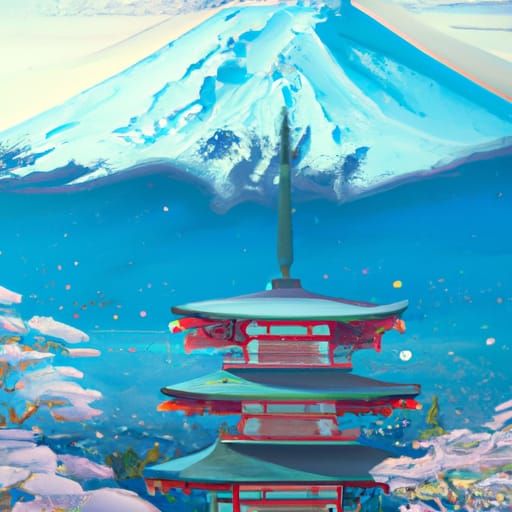 Japanese Temples and Cherry Blossoms in Anime Style