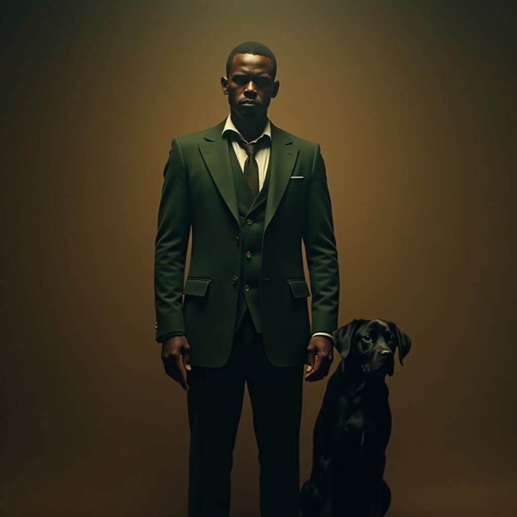 Man in Green Suit With Dog, Film Noir Style