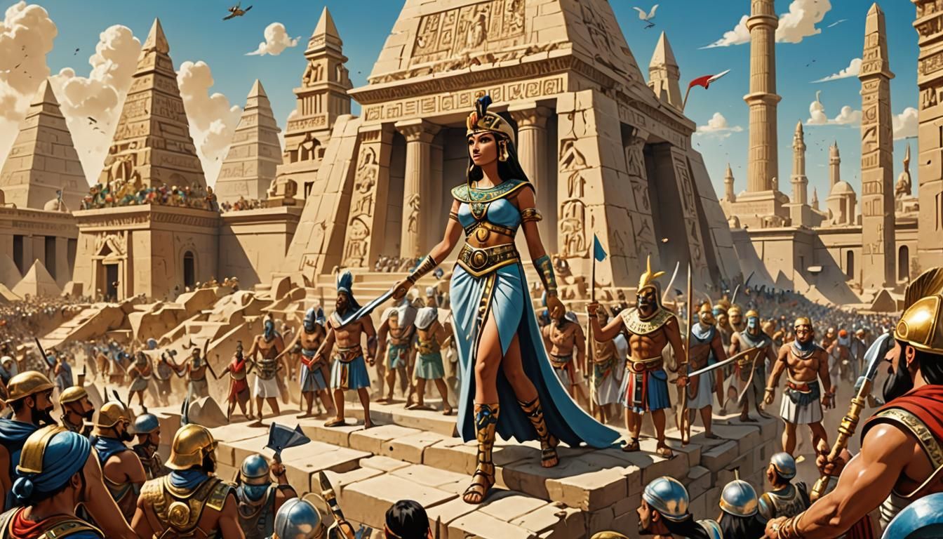 Cleopatra Oversees Temple Construction Amidst Battle