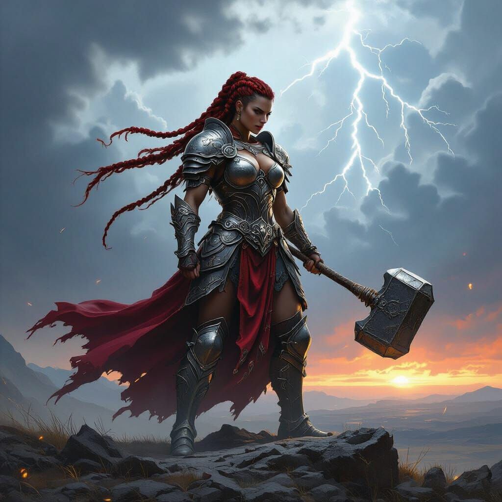 Crimson Warrior with Warhammer on Mountain Peak