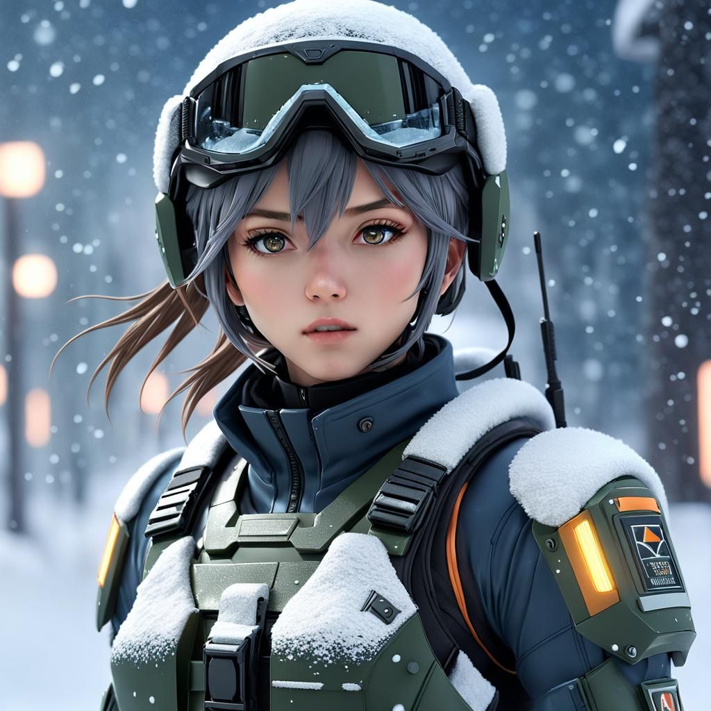 Anime Girl in Sci-Fi Snow Storm, High-Resolution Concept Art