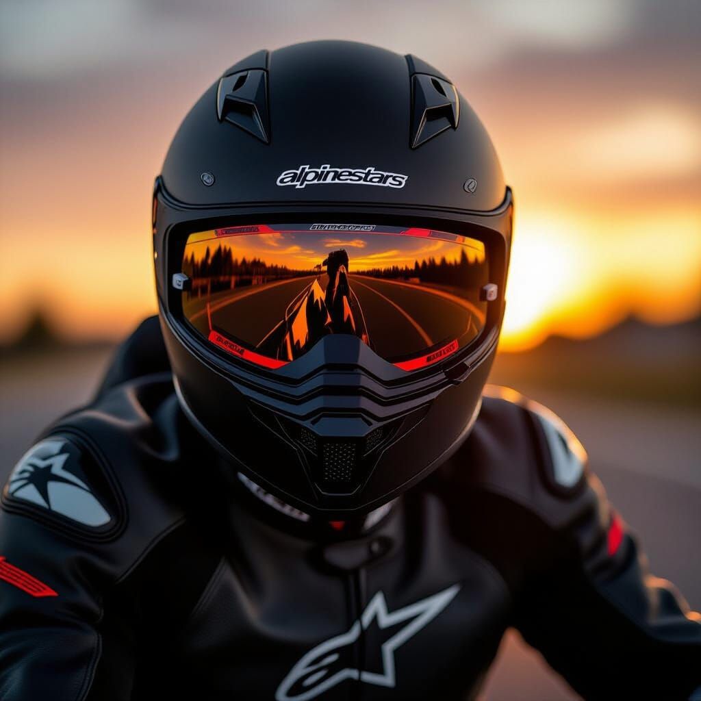 Motorcyclist in Alpinestars Helmet at Sunset