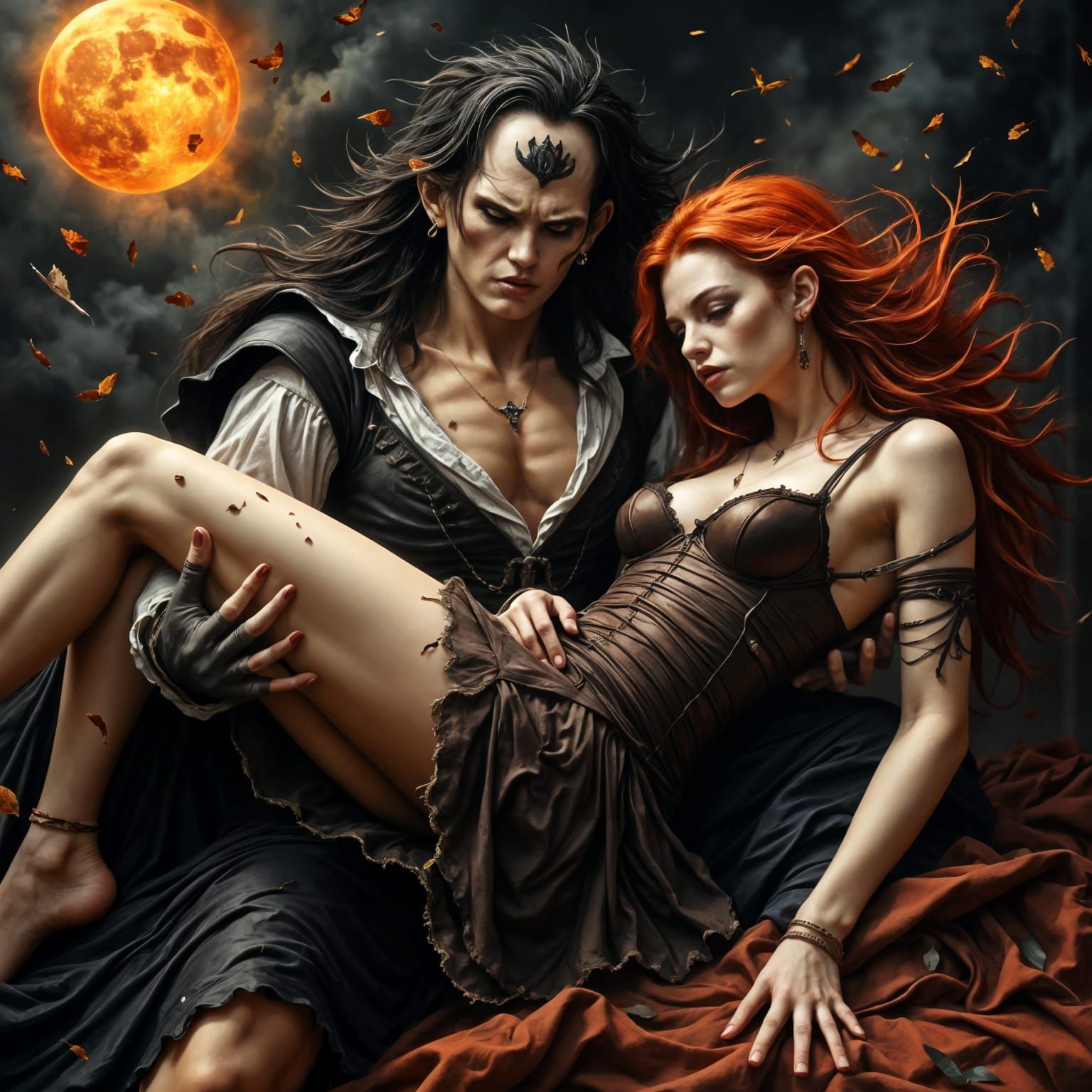 Ethereal Vampire Captures Frightened Red-Haired Woman in Hyp...