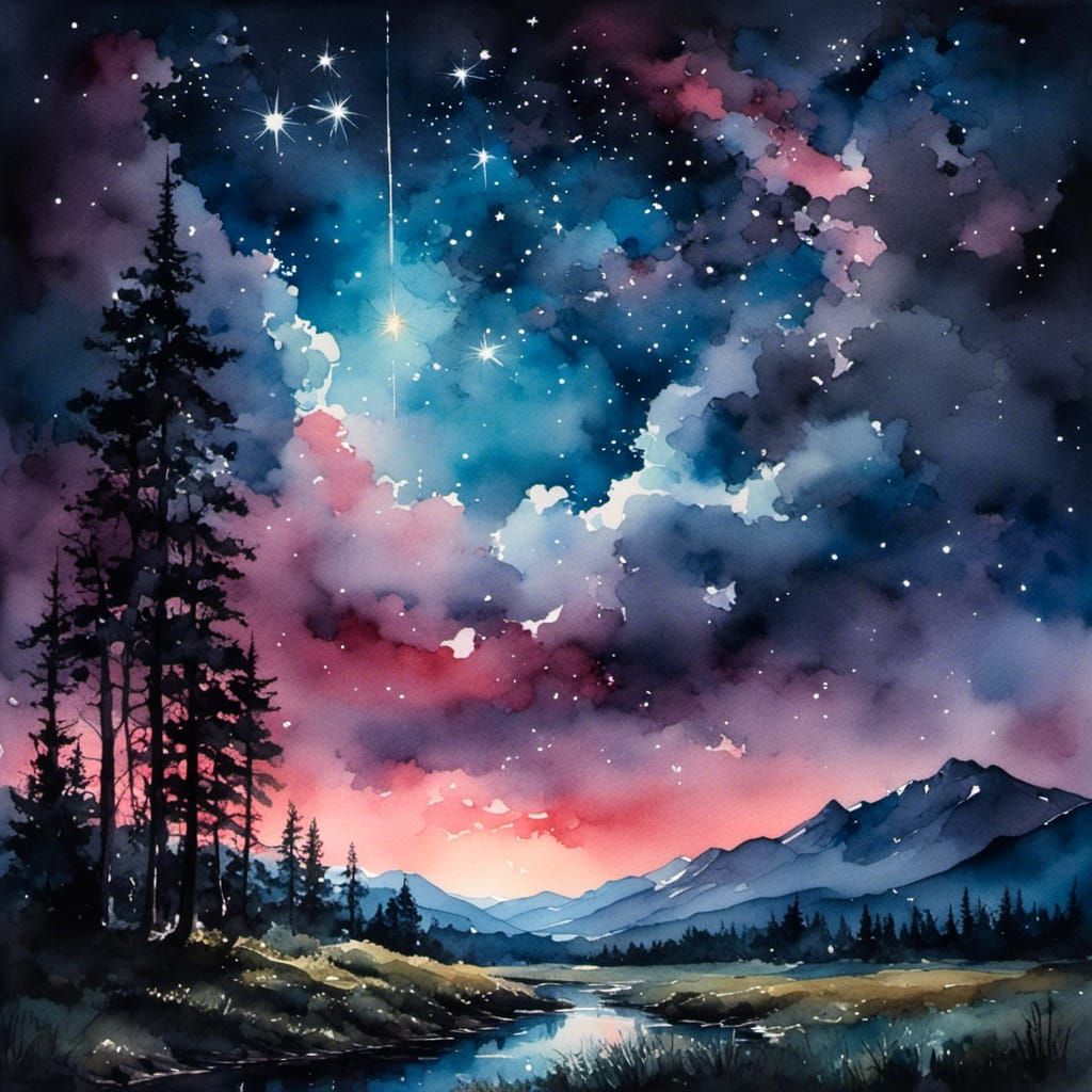 Glittering Starry Night Sky in Watercolor Style