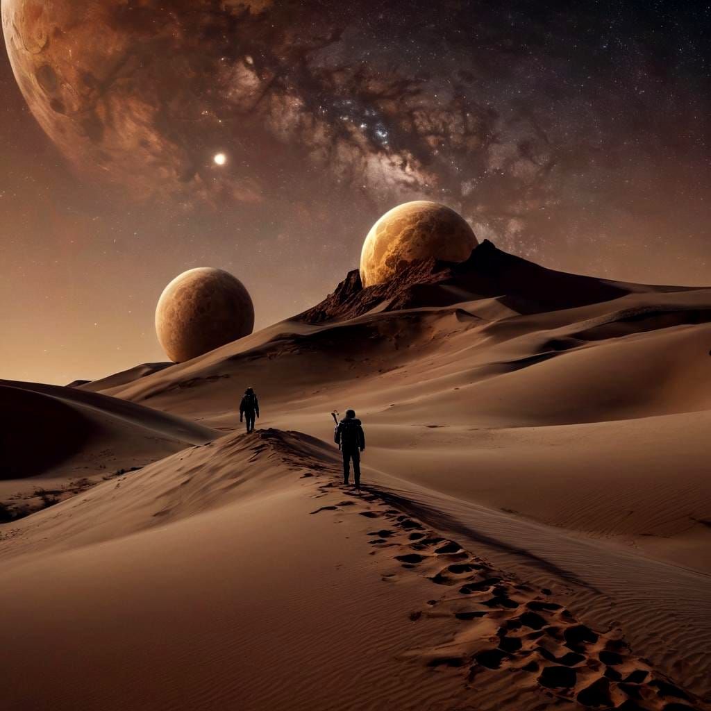 Desert Planet at Night with Two Moons