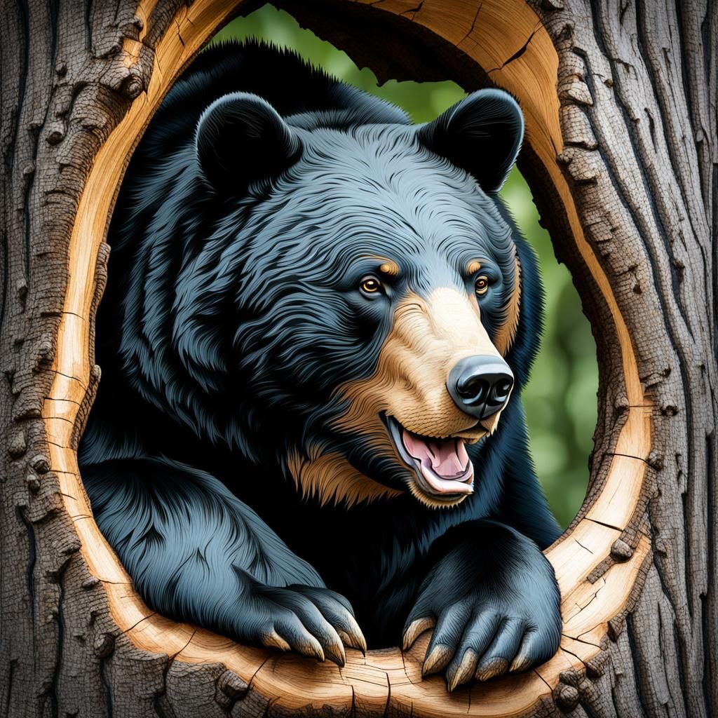 Majestic American Black Bear Tree Carving