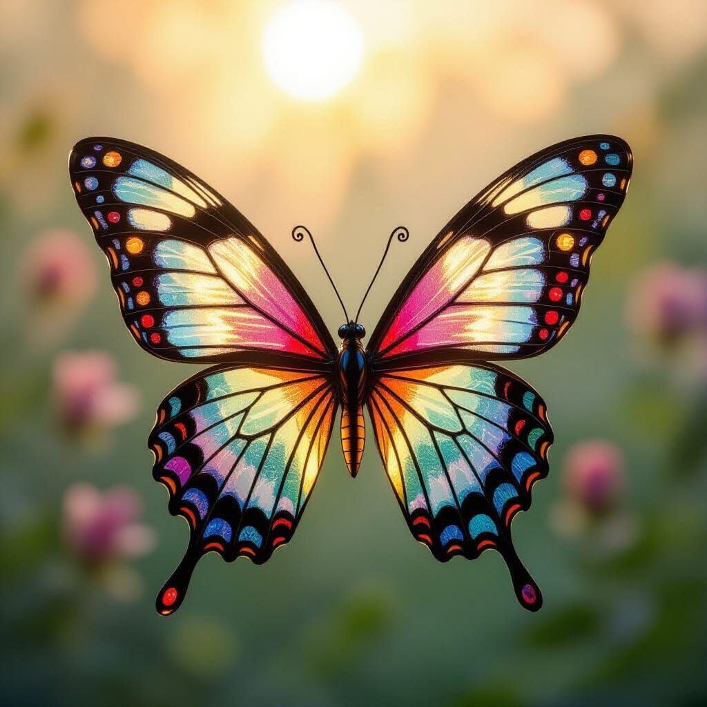 Stained Glass Butterfly in Flight: Digital Art