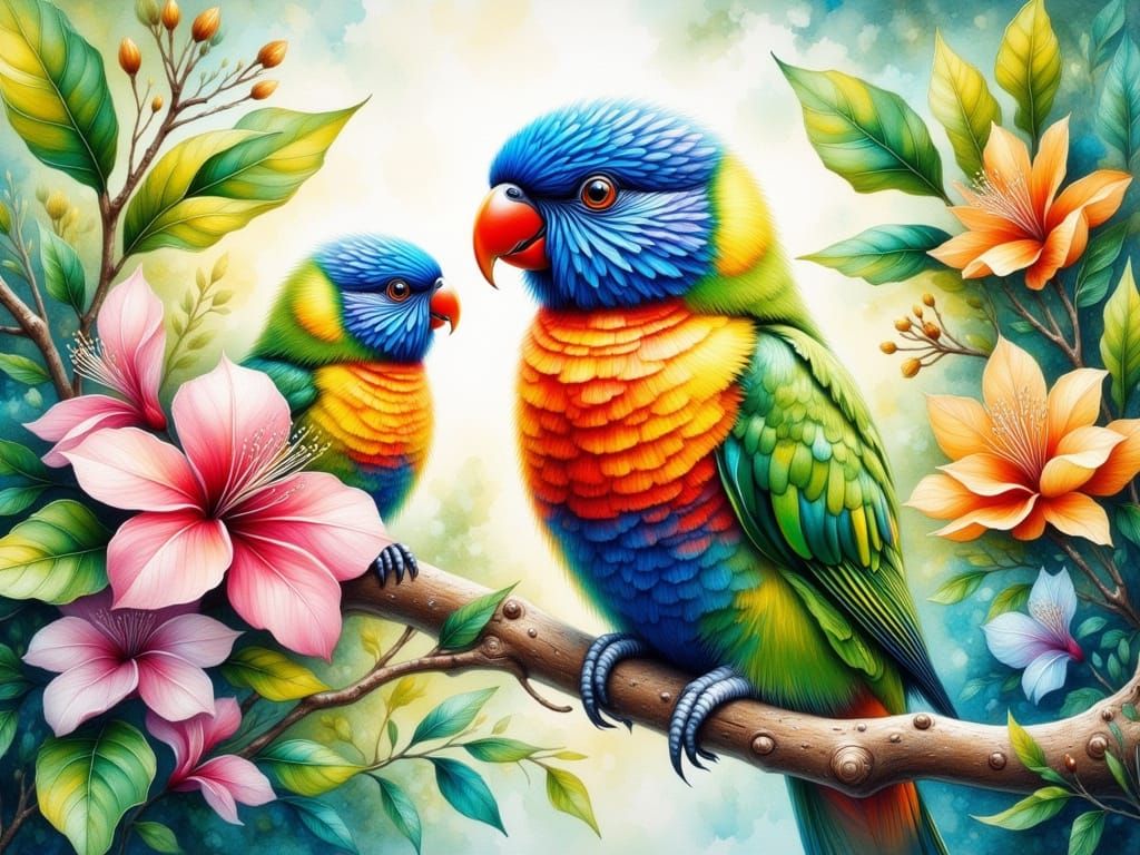 Rainbow Lorikeets in Watercolor Rainforest Scene