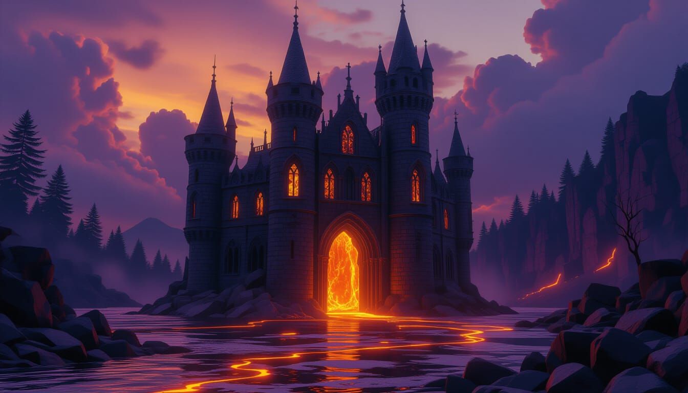 Gothic Castle Crumbling into Lava, in Dark Fantasy Style