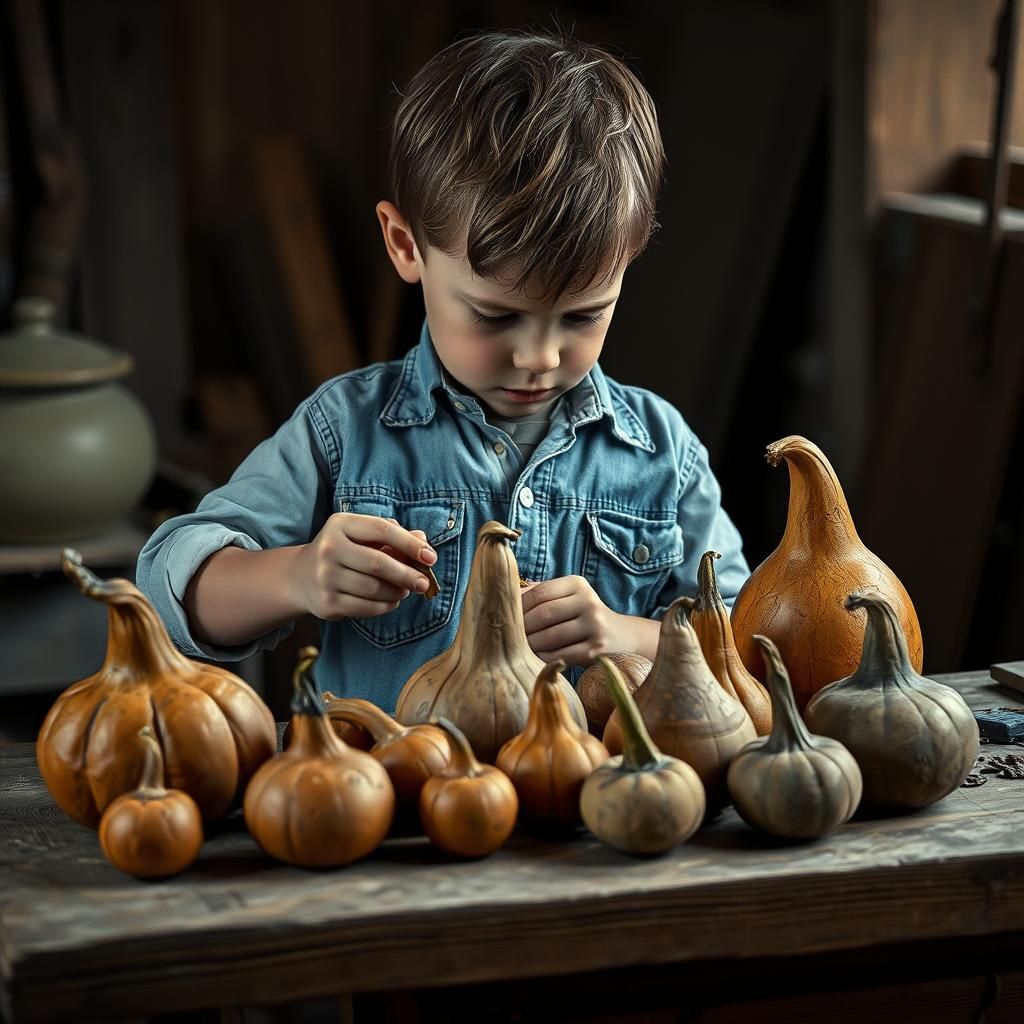 Tiny boy carving delicate details into gourds