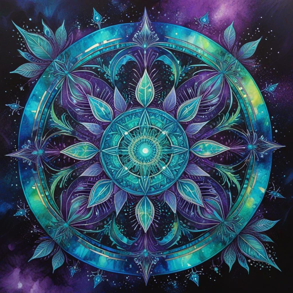 Psychedelic Watercolor Mandala with Cosmic Forms
