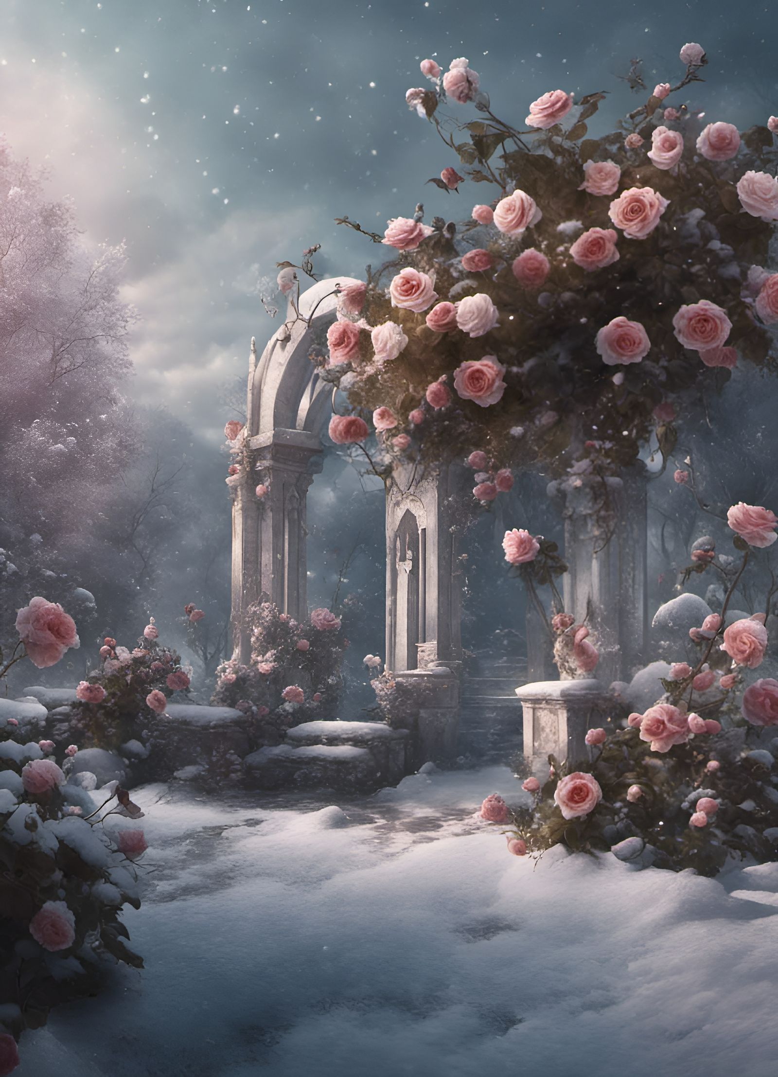 Snow-Kissed Roses in Winter Garden