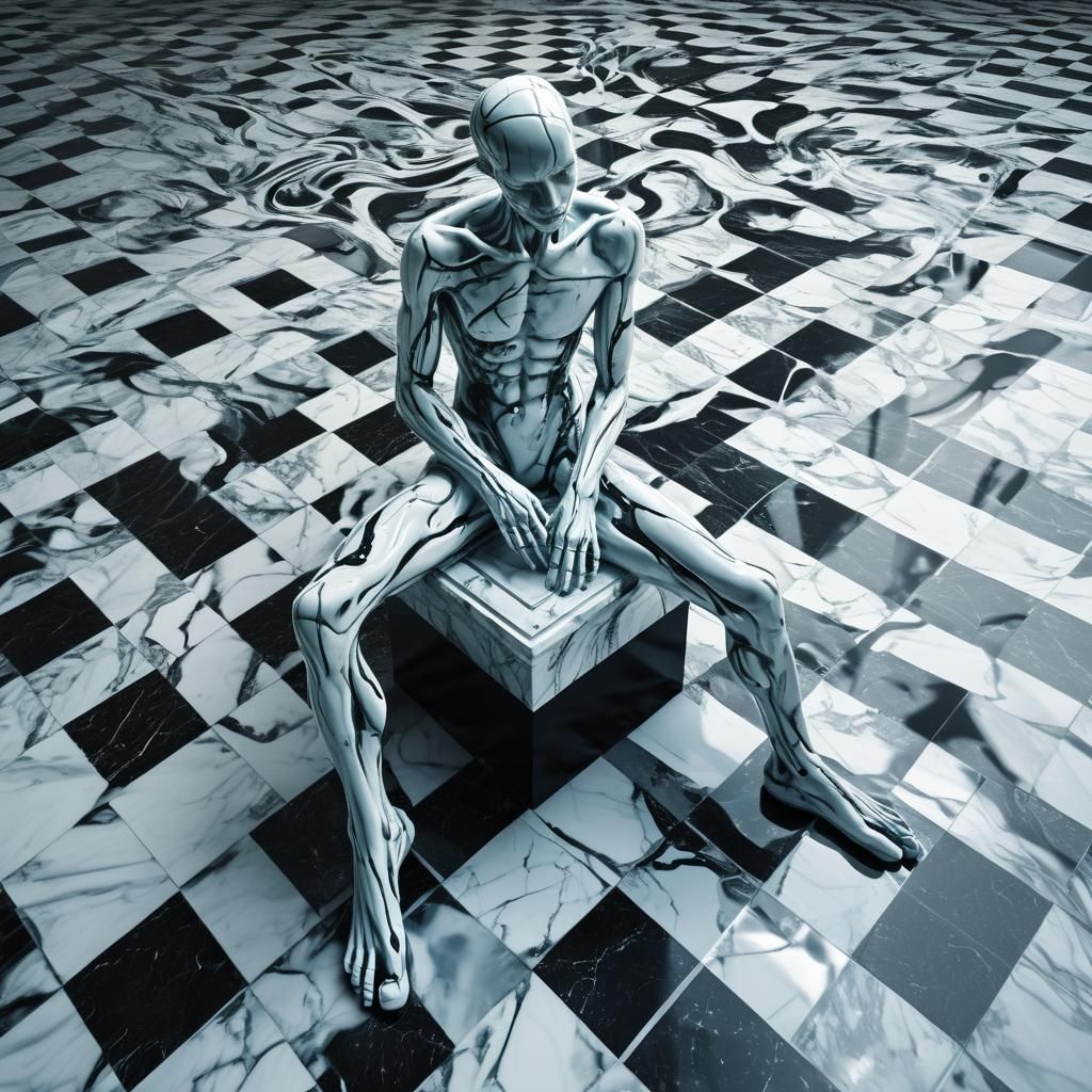 Surreal Marble Statue with Dreamlike Elements