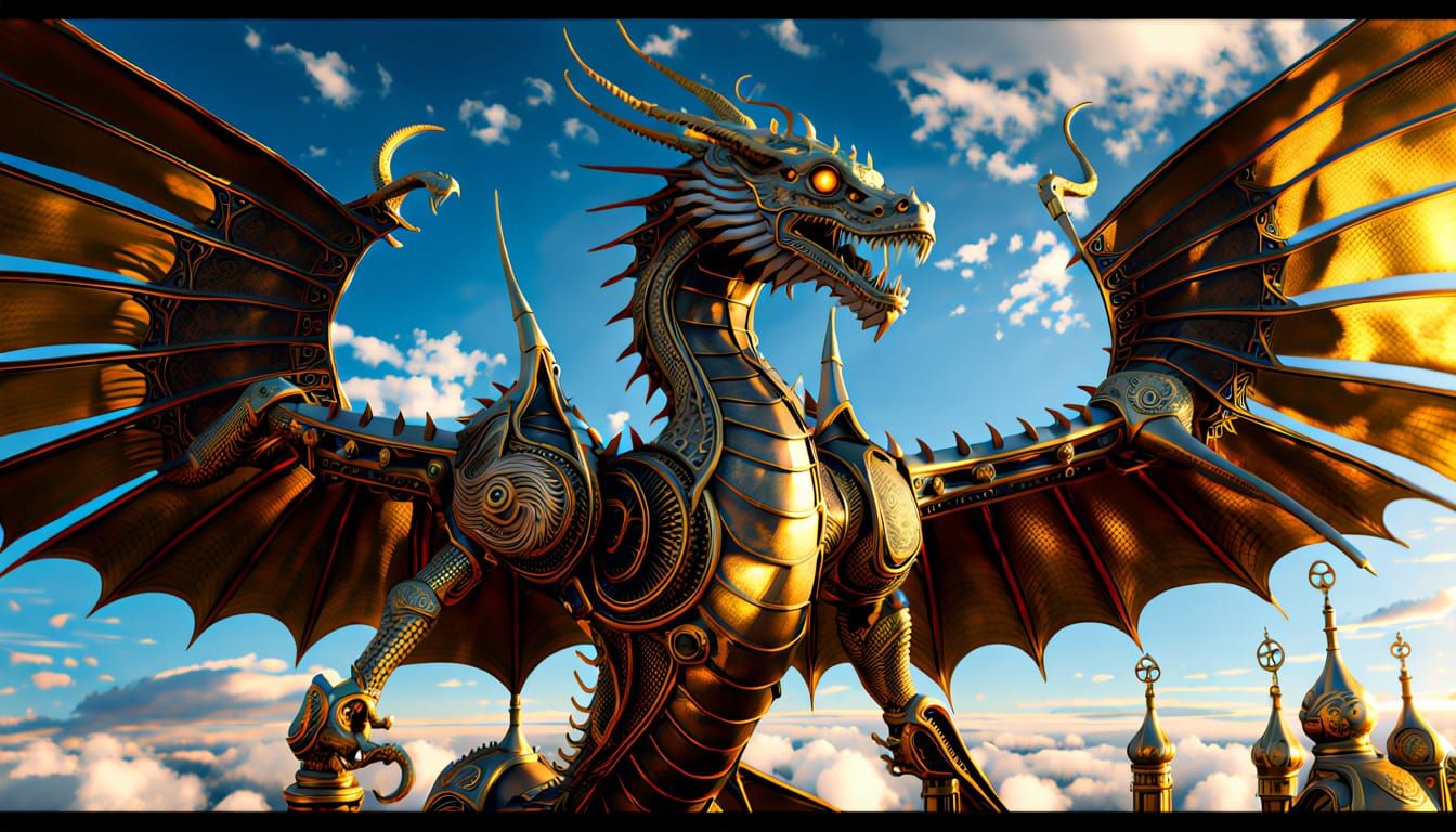 Steampunk Dragon Soars Through Ethereal Skies