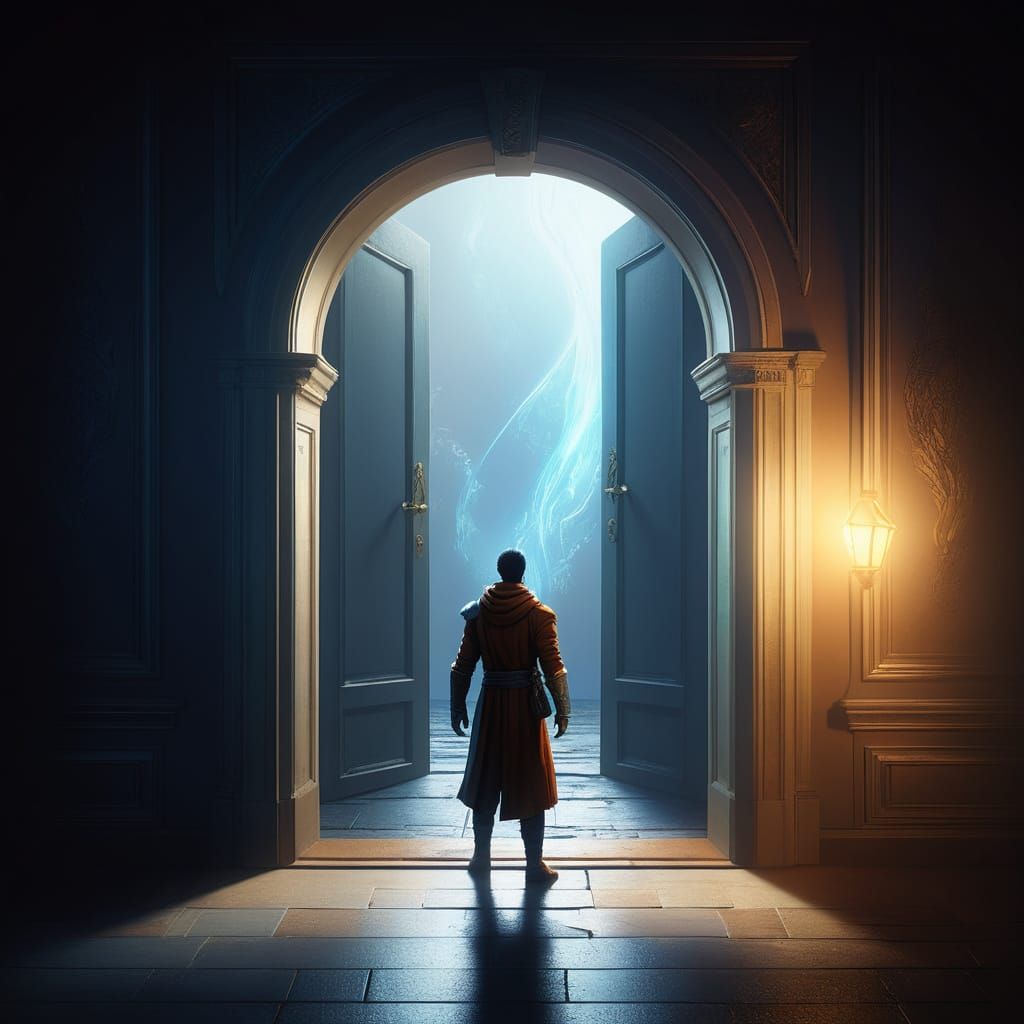 Character Hesitates Before Bright Doorway in Fantasy Concept...