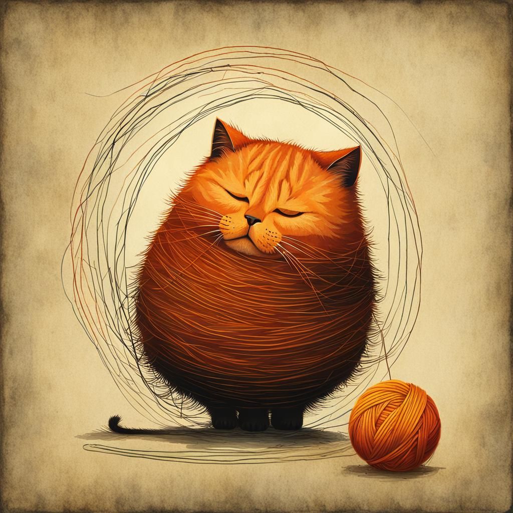 Fluffy Orange Cat Plays with Yarn, Whimsical Art