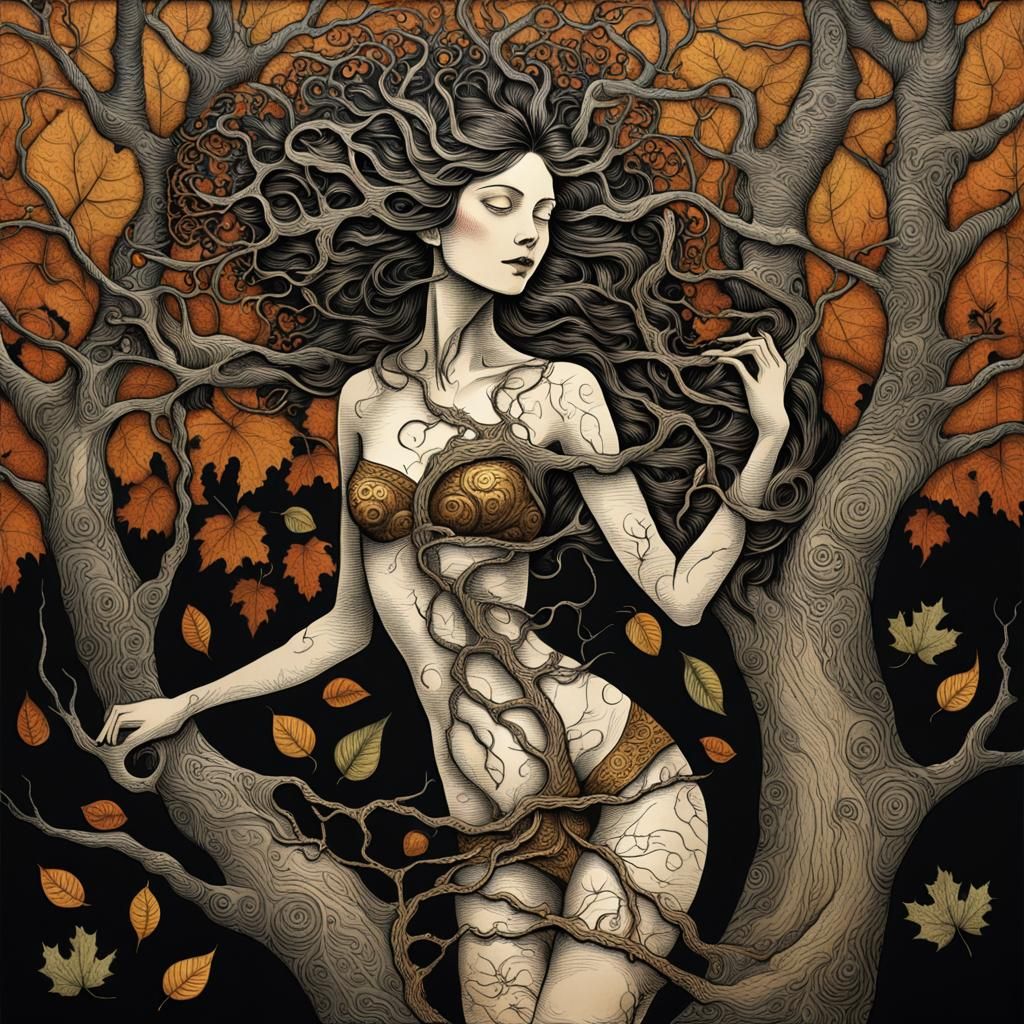 Steampunk Tree Woman in Gorey Style