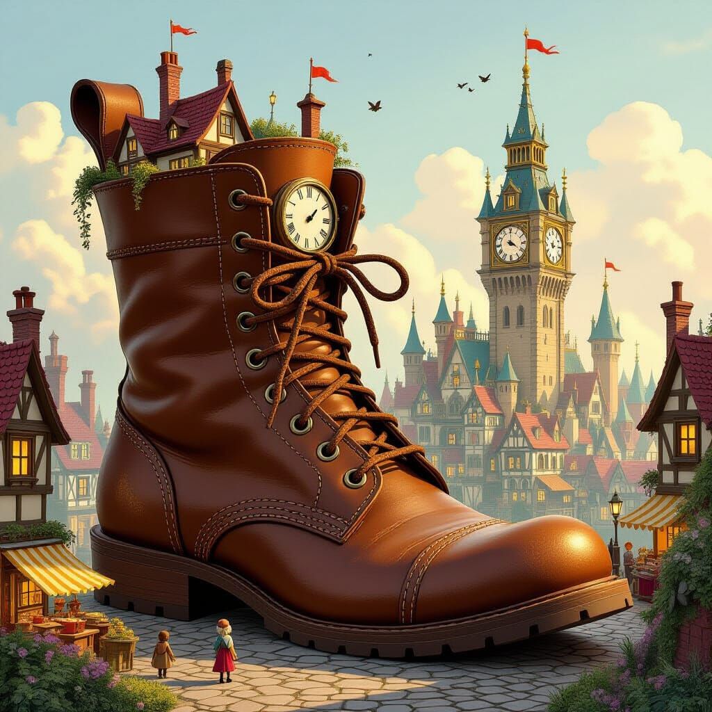Fantastical City Inside a Giant Leather Boot