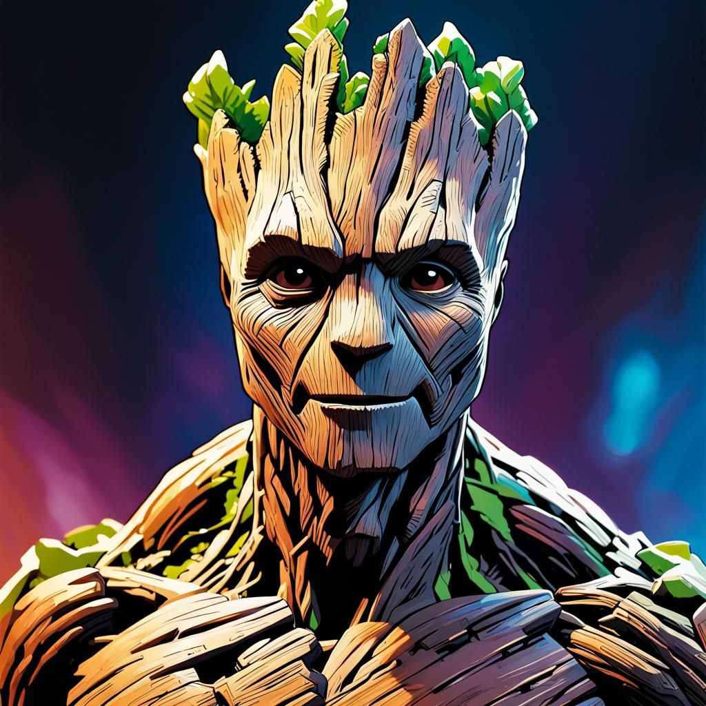 detailed teenage Groot, Guardians of the Galaxy, muscular, Hyperrealistic, splash art, concept art, mid shot, intricate...