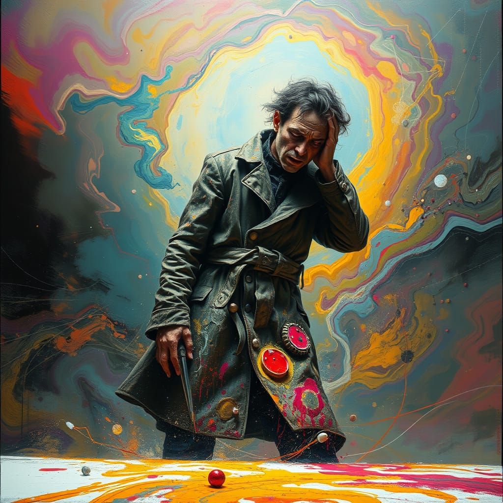 Distraught Artist Unraveling Canvas in Futuristic Landscape