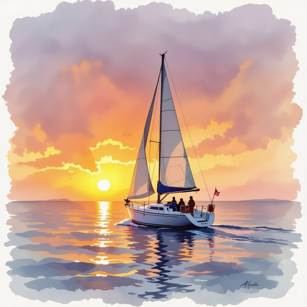 Watercolor Sailboat at Sunset Ocean View