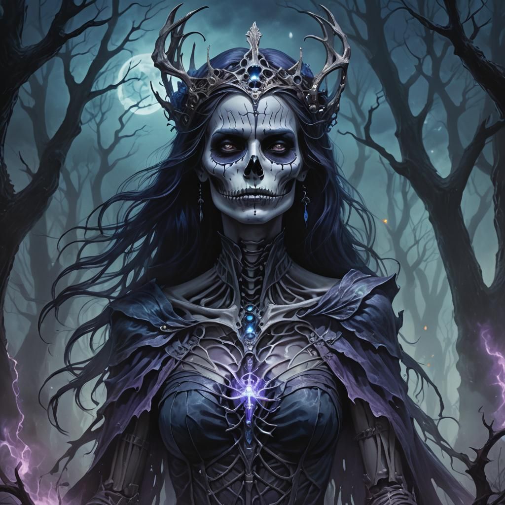 Skeletal Night Queen Amidst Dark Energies