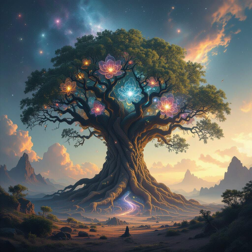 Ancient Cosmic Tree in Nebula Landscape