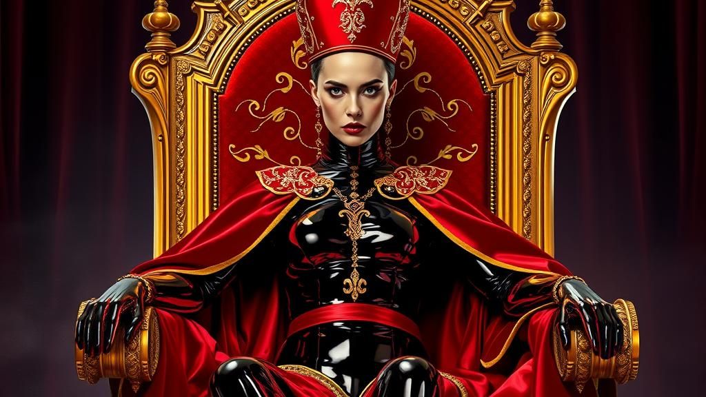 Female Pope on Throne in Shiny Latex Outfit