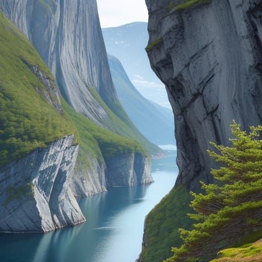 A vast tranquil Norwegian fjord with blue spruce, surrounded...