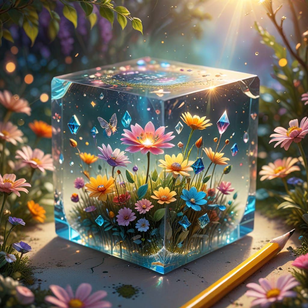 Whimsical Crystal Cube in Vibrant Fantasy Garden