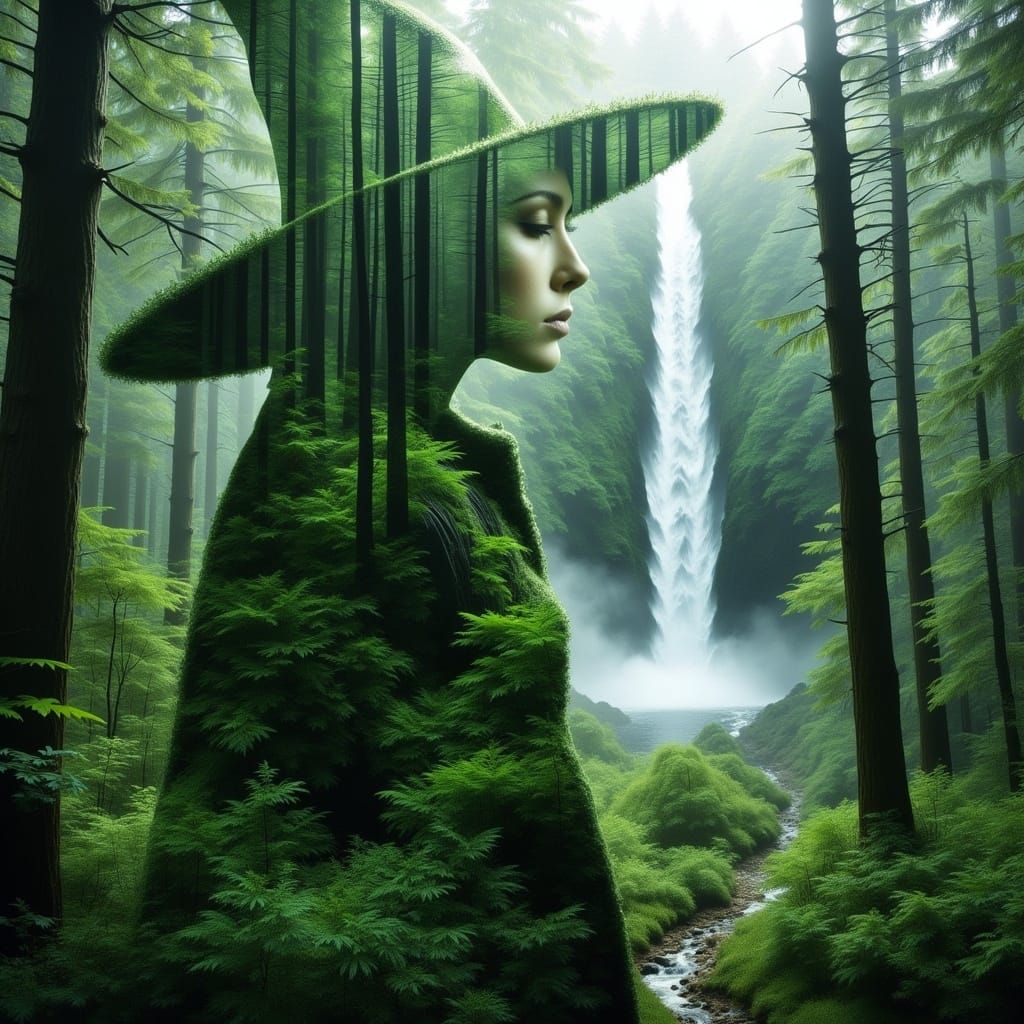 Elderly Forest Witch Double Exposure Fantasy Art