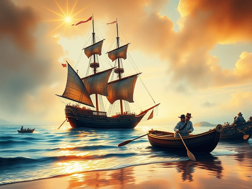 Galleon Ship Anchored in a Small Bay at Sunset