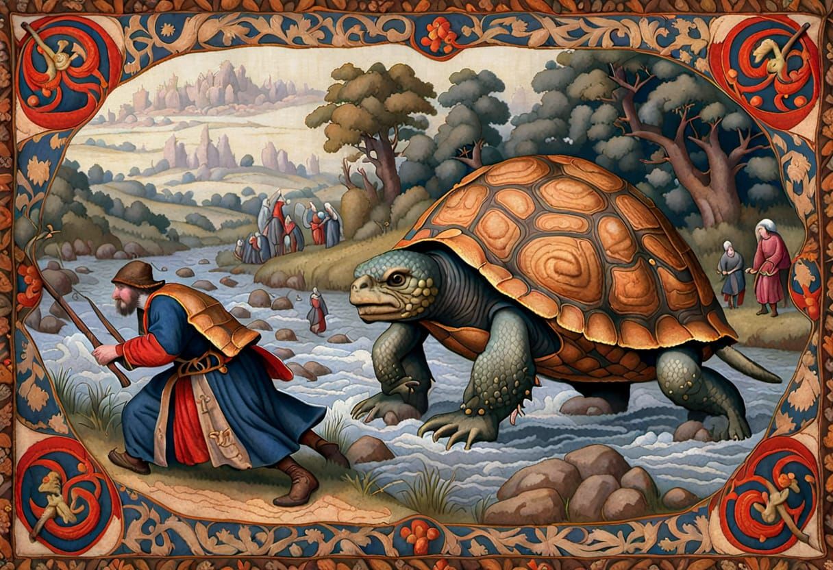 Medieval Tapestry: Peasants vs. Giant Turtle