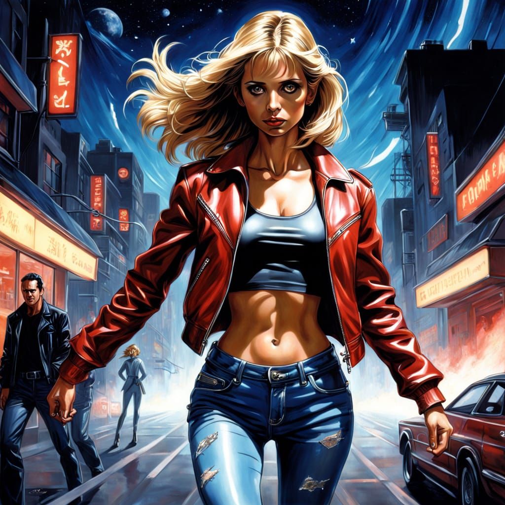 Retro-Futuristic Vampire Slayer in Oil Painting Style