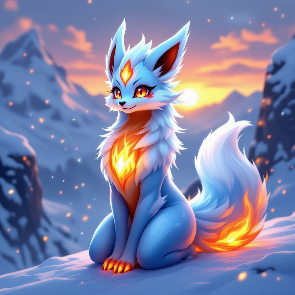 Majestic Fire-Ice Fox Hybrid in Digital Painting Style