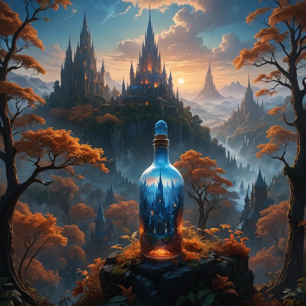 Glowing Bottle Reveals Intricate Fantasy Landscape