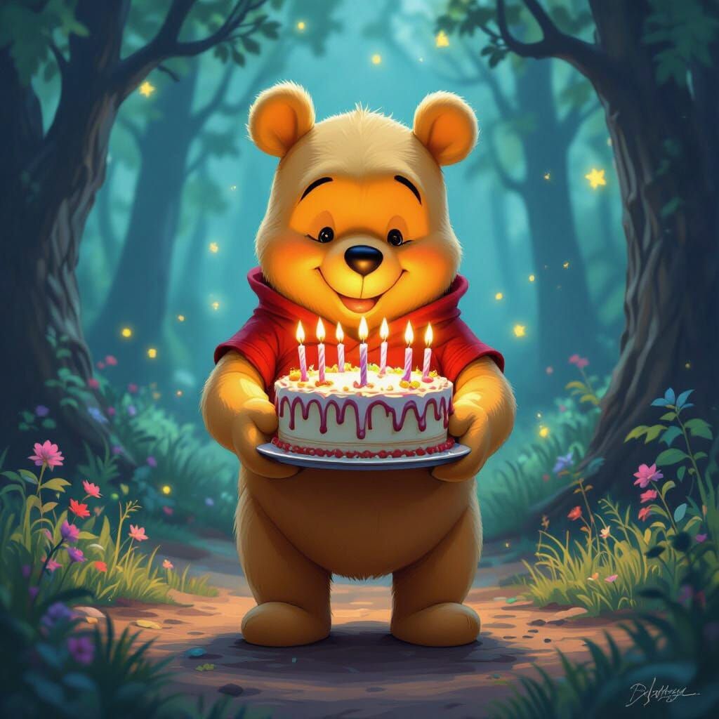 Winnie the Pooh with Birthday Cake in Fantasy Forest
