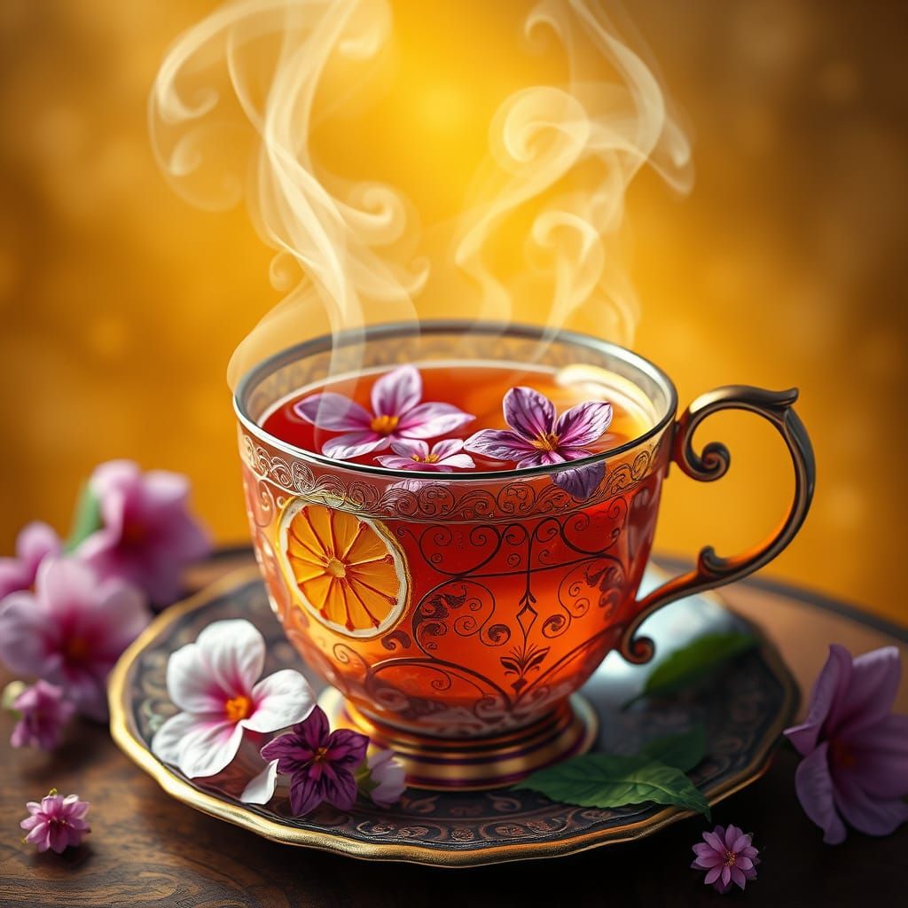Steaming Cup of Tea with Delicate Patterns and Golden Backgr...