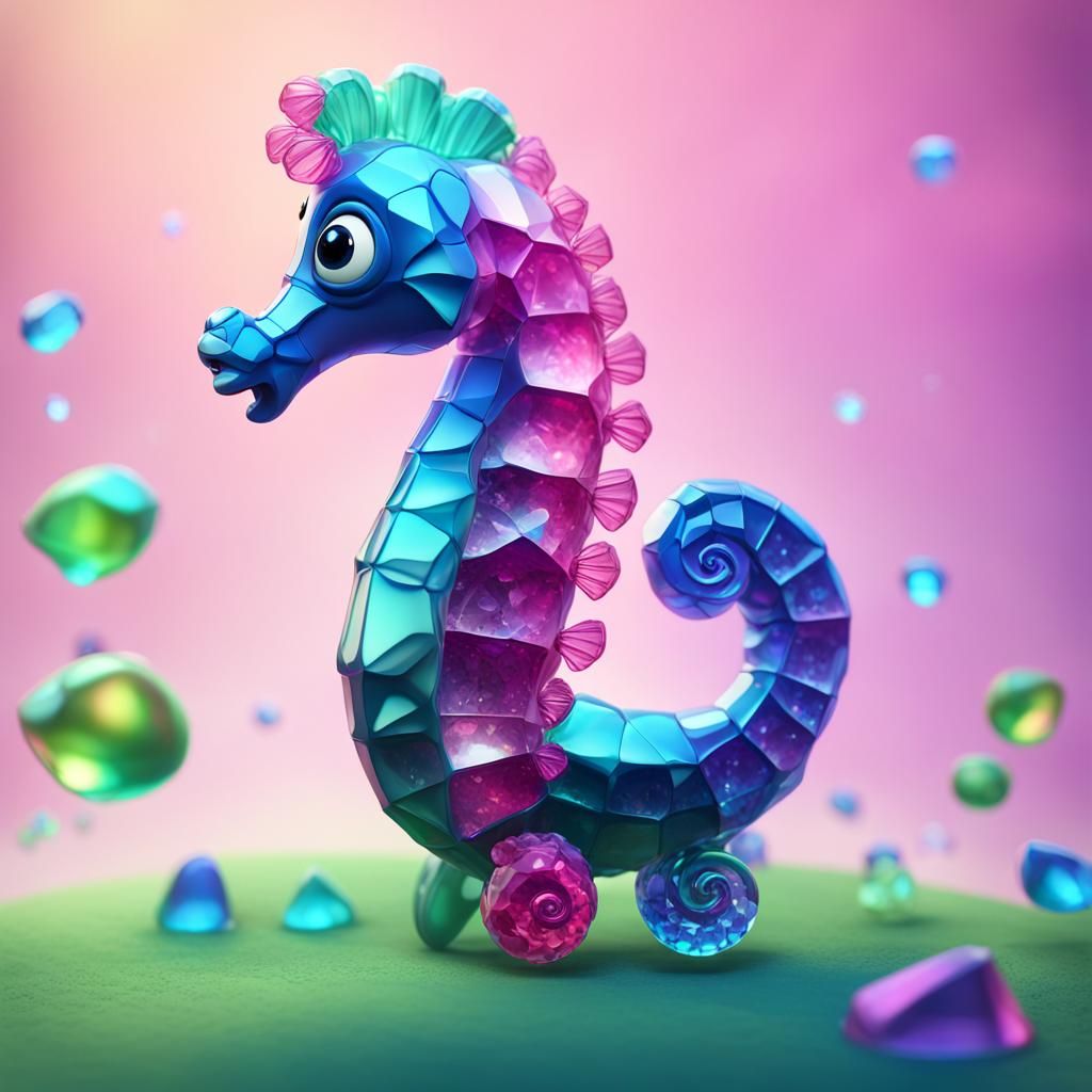 Adorable Seahorse Portrait with Crystal Aura in 3D