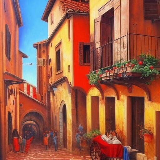 Red Medieval Italian Cityscape: Oil Painting