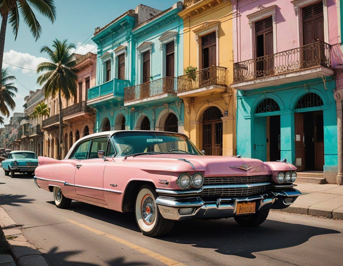 1960s Cadillac on Cuban Street in Hyper-Realistic Style