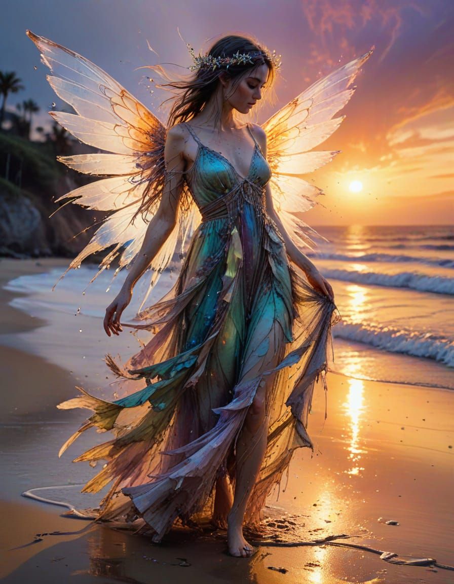 Whimsical Fairy on Beach Sunset in Drip Art Style