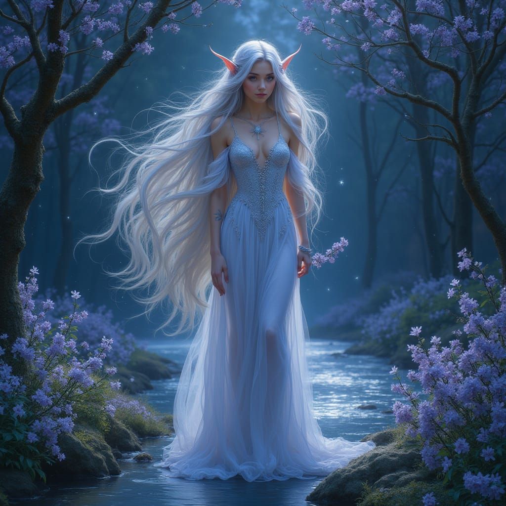 Elven Queen in Twilight Glade, Art Nouveau Style